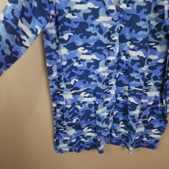 Woman Within Longer-Length Cotton Cardigan Sweater in Blue Camo Size 14/16 - Picture 4 of 9